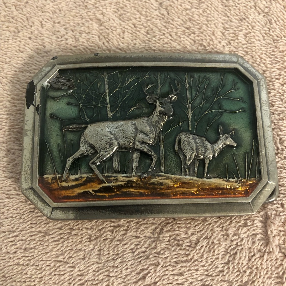 Vintage 1976 Great American Buckle Company Deer Color Background Belt Buckle